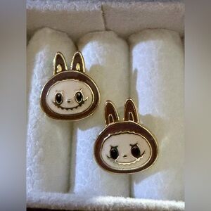 14K Gold Labubu Head Brown Monster Theme Enamel Stud Earrings Kawaii Boutique